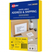 艾利（AVERY）L7161 18枚/张 快揭激光打印标签 邮寄标签 白色 A4 100张装