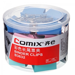 齐心（Comix）B3633 筒装3#彩色长尾票夹/燕尾夹/长尾夹/铁夹子/凤尾夹 32mm 24只/筒 装订145页