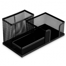 得力（deli）9175 金属网纹办公笔筒/多功能三格办公座 黑色 H102*L200*W100mm