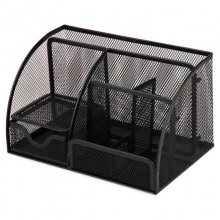 得力（deli）9200 金属网纹办公笔筒/多功能七格办公座 黑色 H130*L220*W140mm