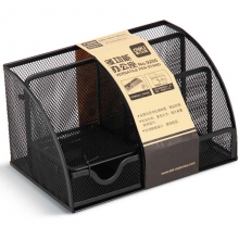 得力（deli）9200 金属网纹办公笔筒/多功能七格办公座 黑色 H130*L220*W140mm