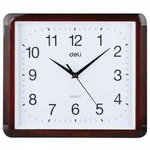 得力（deli） 9007简约现代方形时钟 电子时钟挂钟客厅钟表办公静音钟（土棕）34.5*30cm